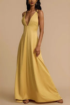 Satin Deep V-Neck Plunge A-Line Maxi Formal Gown