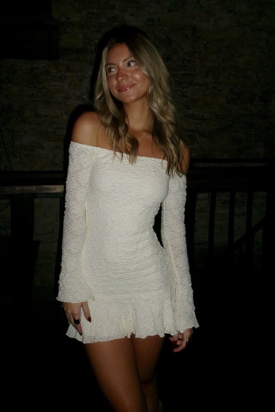Off Shoulder Lace Bell Sleeve Ruffle Hem Bodycon Mini Dress
