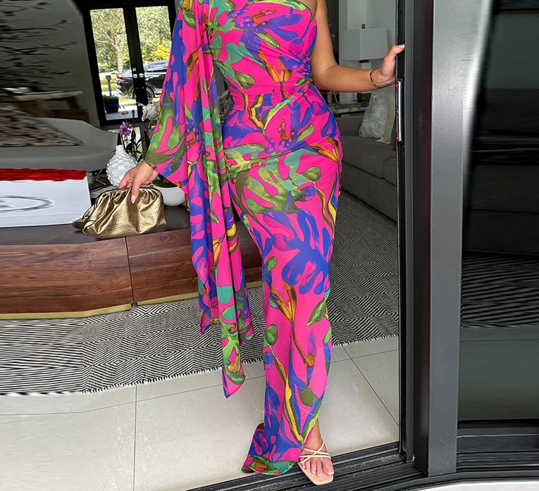 Floral Print One Shoulder Draped Cape Sleeve Bodycon Maxi Dress