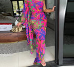 Floral Print One Shoulder Draped Cape Sleeve Bodycon Maxi Dress