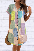 Geometric V-Neck Short Sleeve Button-Front Dress