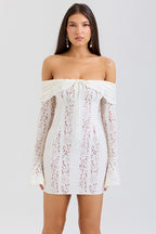 Lace Off Shoulder Tie Front Bell Sleeve Bodycon Mini Dress