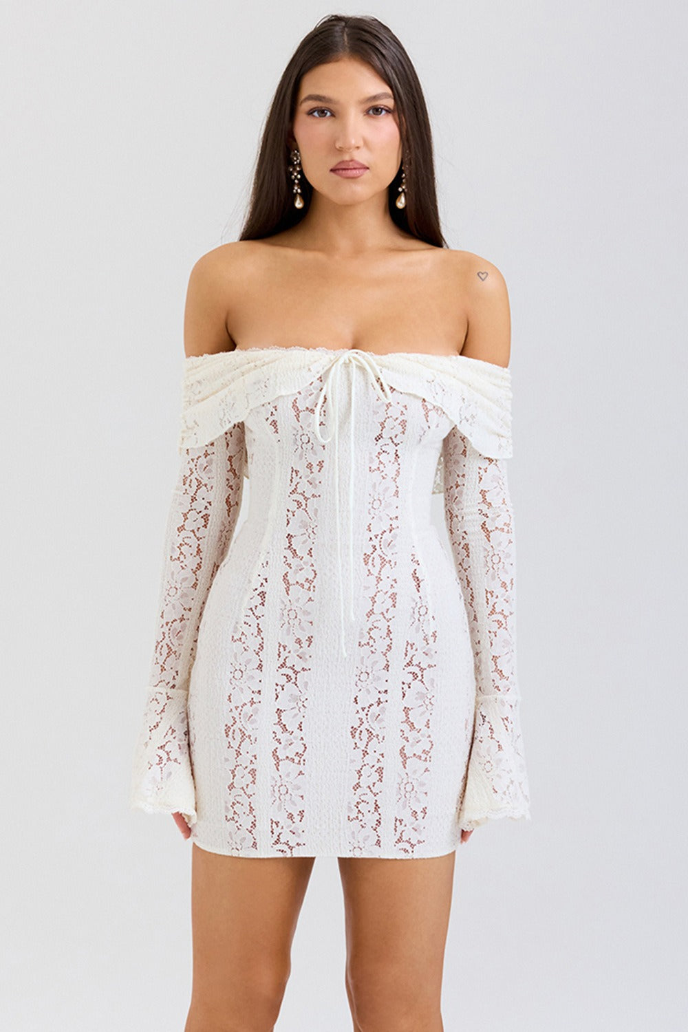 Lace Off Shoulder Tie Front Bell Sleeve Bodycon Mini Dress
