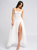 Lace Overlay Corset Bodice Scoop Neck Pleated Thigh Slit Maxi Dress
