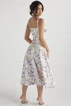 Wide Strap Sweetheart Ruched Bust Toile Floral Print A-Line Midi Dress