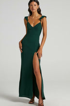Deep V-Neck Ruffle Strap Thigh Slit Floor Length Maxi Dress