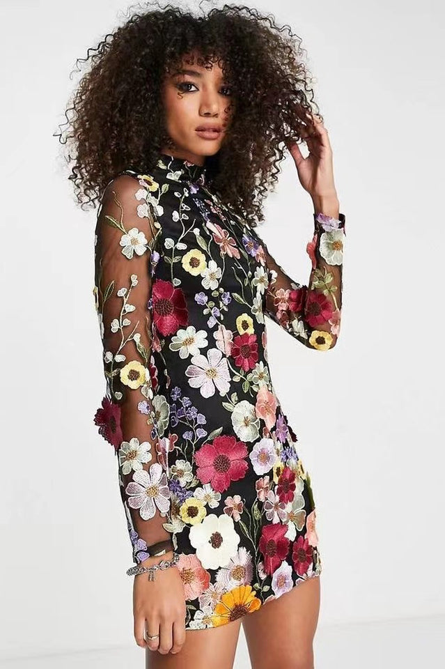 3D Floral Applique Mesh Long Sleeve High Neck Bodycon Mini Dress