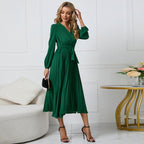 Guillermina Minimalist Pleated Midi Dress with a Crossover V Neck Designer Edit