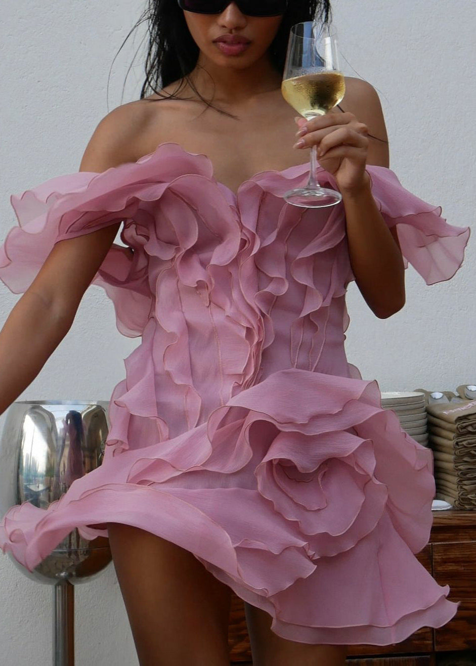 Organza Tiered Ruffle Lettuce Edge V Neck Mini Dress