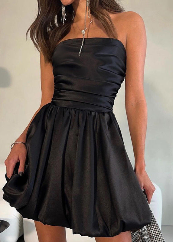 Satin Strapless Ruched Bubble Hem Fit and Flare Mini Dress
