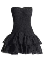 Geometric Print Smocked Strapless Tiered Pom Trim Mini Dress