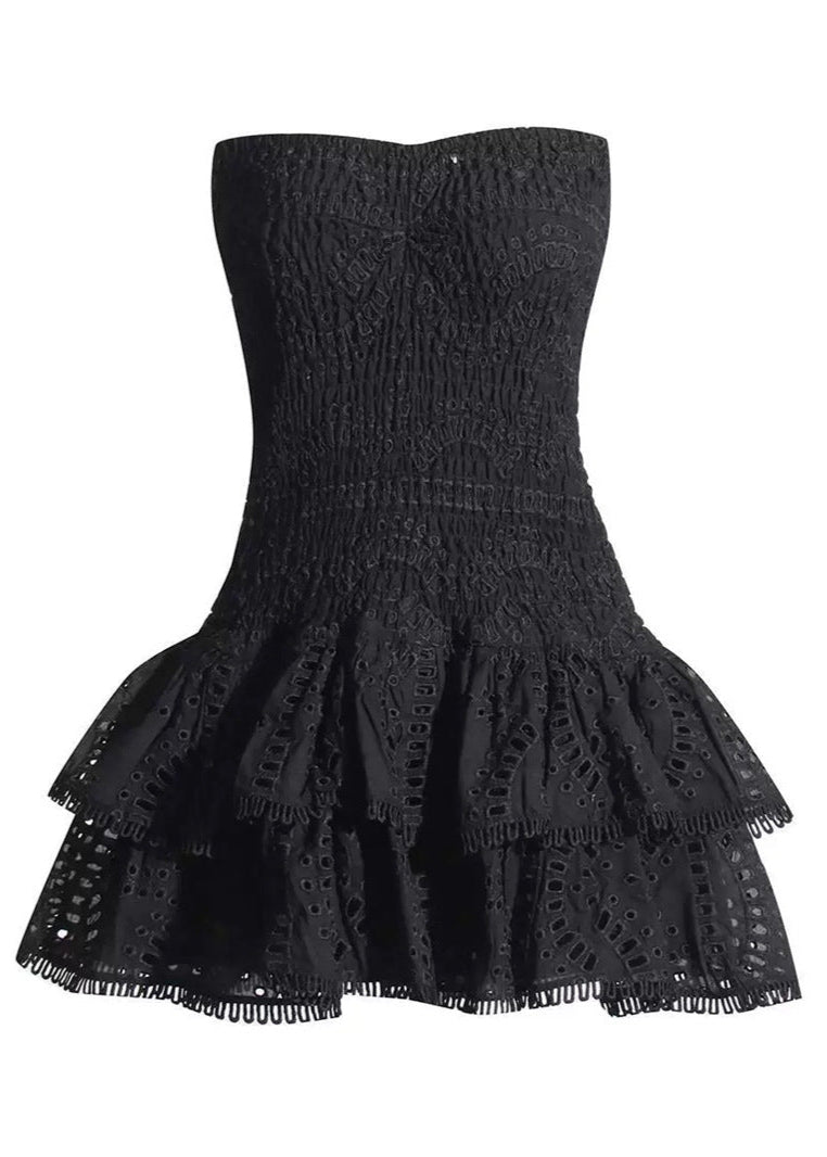 Geometric Print Smocked Strapless Tiered Pom Trim Mini Dress