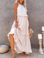 Tiered Ruffle Trim Sleeveless Halter Neck Maxi Dress
