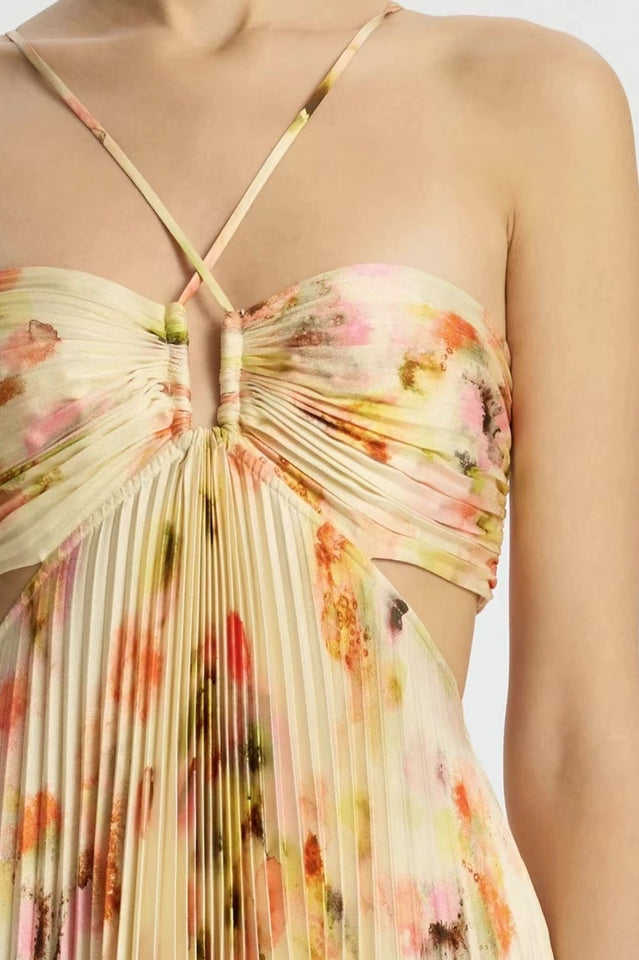 Pleated Floral Print Halter Neck Waist Cut Out Maxi Dress