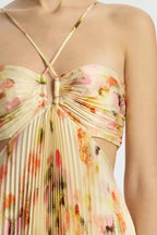 Pleated Floral Print Halter Neck Waist Cut Out Maxi Dress