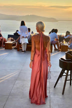 Satin Halter Ring Detail Draped Backless Floor Length Maxi Dress