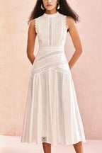 Mock Neck Scalloped Lace Insert Paneled Flared Midi Dress