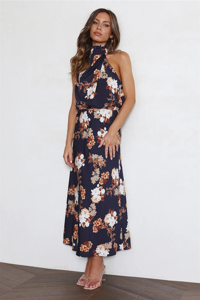 Satin Floral Print Halter Scarf Neck A-Line Midi Dress