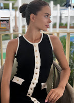 Ribbed Knit Contrast Trim Button Front Pocket Flap Sleeveless Midi Dress