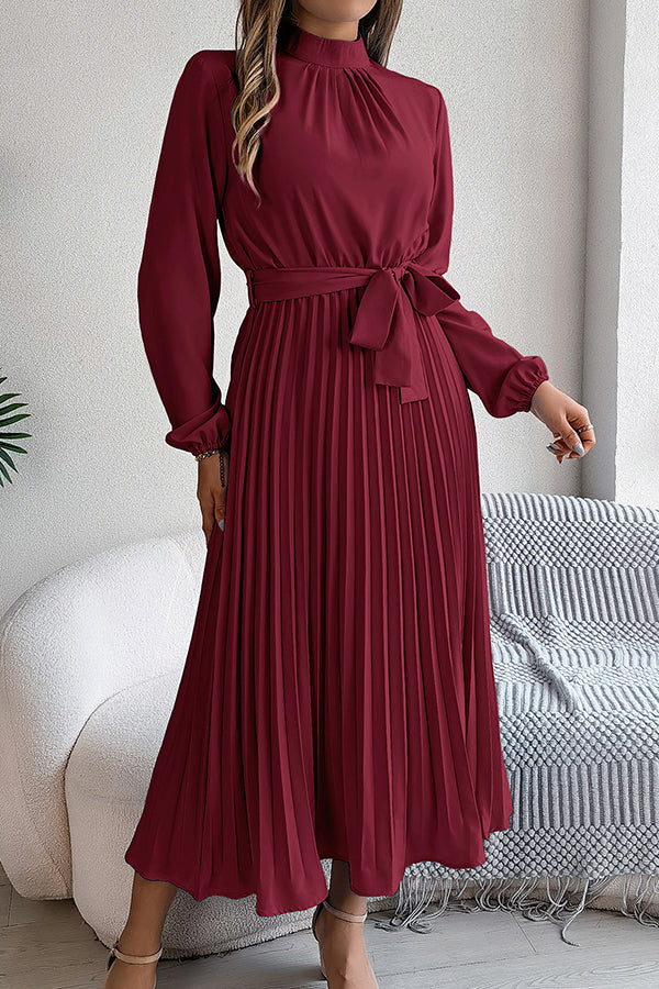 Mock Neck Lantern Sleeve Belted Pleated A-Line Midi Dress