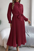 Mock Neck Lantern Sleeve Belted Pleated A-Line Midi Dress