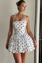 Polka Dot Halter Neck Lace Up Back Bubble Hem Fit and Flare Mini Dress