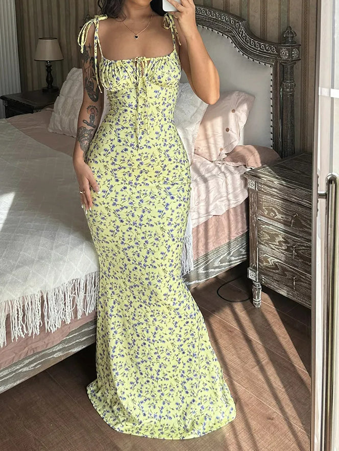 Floral Print Spaghetti Strap Sweetheart Lace Up Backless Maxi Dress