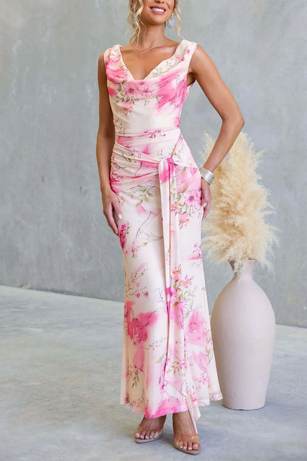 Floral Dreamy Draped Neck Mesh Wrap Dress