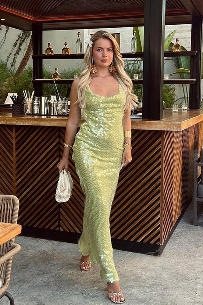 Sequin Spaghetti Strap Bodycon Maxi Mini Dress