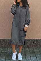Oversized Hooded Kangaroo Pocket Drawstring Hem Side Slit Midi Sweatshirt Dress