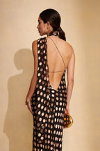 Polka Dot Halter Neck Open Back Cross Strap Maxi Gown