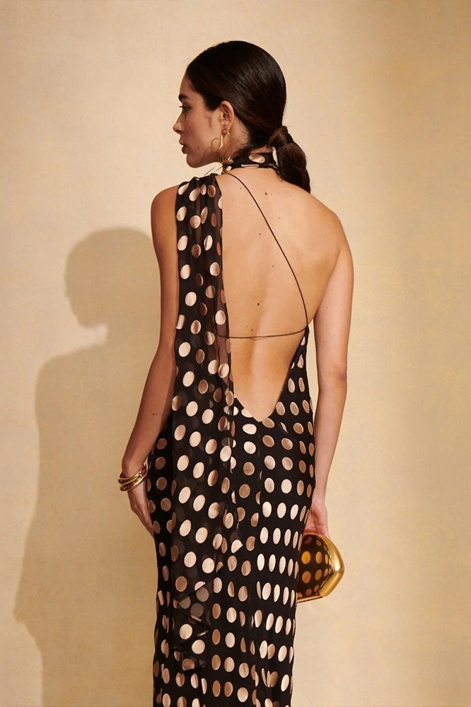 Black Polka Dot Backless Halter Maxi Dress