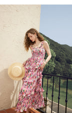 Square Neck Smocked Bodice Tiered Ruffle Floral Print Maxi Dress