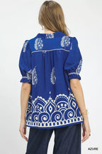 Umgee Printed Puff Sleeve Split Neck Top