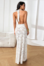 Halter Neck Cowl Floral Lace Backless Maxi Dress