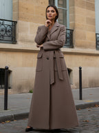Belted Full Length Maxi Woolen Coat With Lapel And Big Pockets For Women 2026