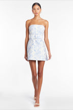 Blue Strapless Buckle Belt Toile Floral Print Bodycon Mini Dress