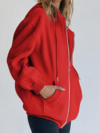 Solid Drawstring Zip Up Oversized Hoodie