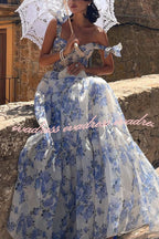 Fairytale Itself Organza Floral Print Tie Strap Maxi Dress