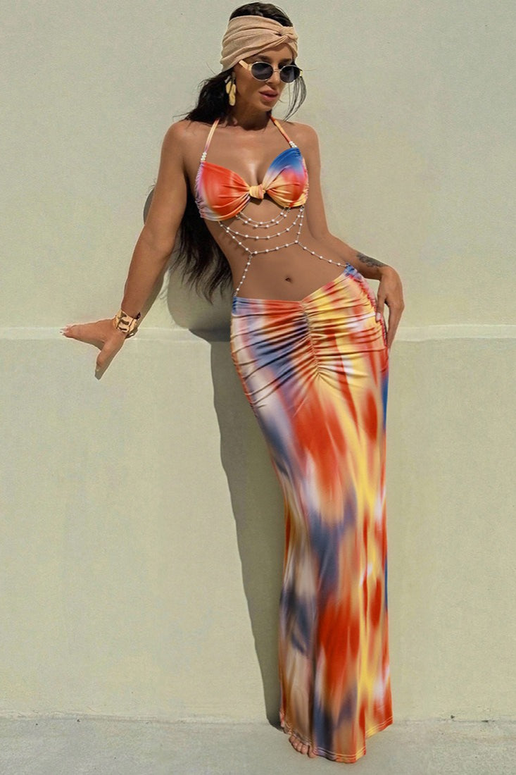 Halter Bow Front Ruched Waist Marble Print Maxi Skirt Two Piece Set