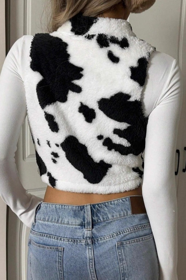 Cow Print Zipper Fuzzy Sleeveless Vest