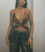 Cross-Spaghetti-Straps Bandage Ruffles Backless Cami Top