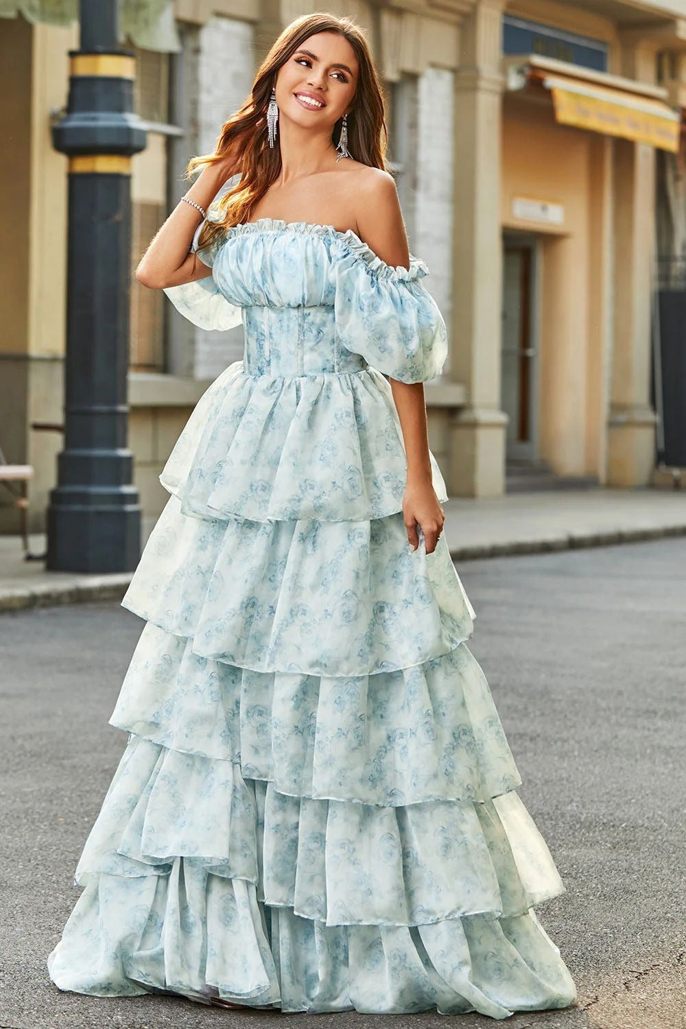 Blue Off Shoulder Ruffle Corset Bodice Tiered Ruffle Floral Print Maxi Dress
