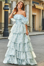 Blue Off Shoulder Ruffle Corset Bodice Tiered Ruffle Floral Print Maxi Dress