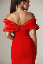Off Shoulder Draped Satin Bodice High Split Column Maxi Gown