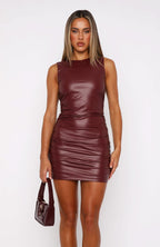 Faux Leather High Neck Sleeveless Ruched Bodycon Mini Dress
