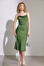 Cowl Neck Spaghetti Strap Satin Slip Midi Dress