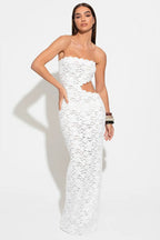 Floral Lace Strapless Scalloped Edge Waist Cut Out Maxi Dress