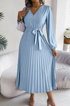 Deep V-Neck Bishop Sleeve Button Front Pleated Belted Midi Dress
