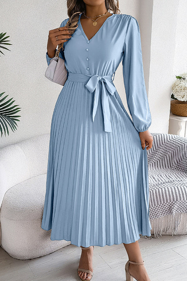 Deep V-Neck Bishop Sleeve Button Front Pleated Belted Midi Dress